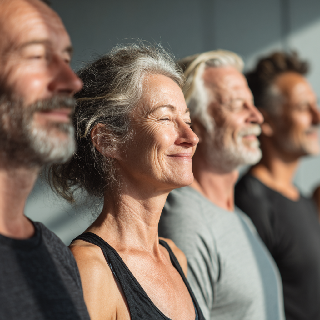 Group of adults in their forties and fifties after yoga class in natural daylight