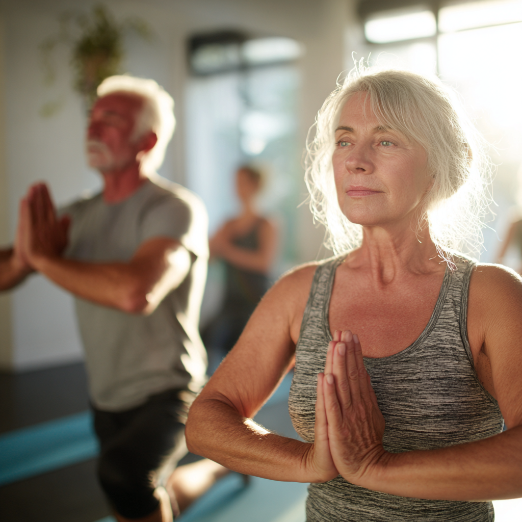 Mature adults practicing yoga in serene studio environment with natural lighting