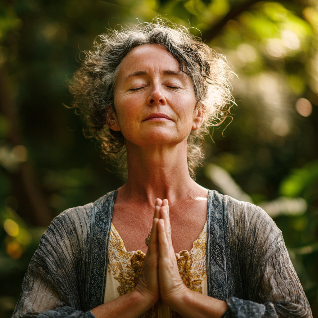 Woman in her fifties practicing gentle yoga poses in peaceful natural setting